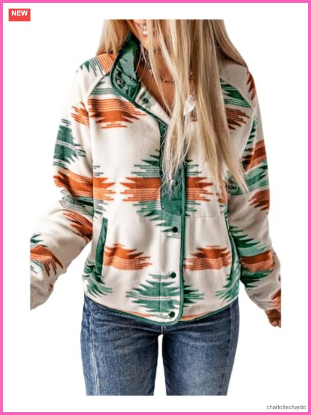 Womens Fleece Jacket Western Aztec Print Snap Button Down Warm Coat